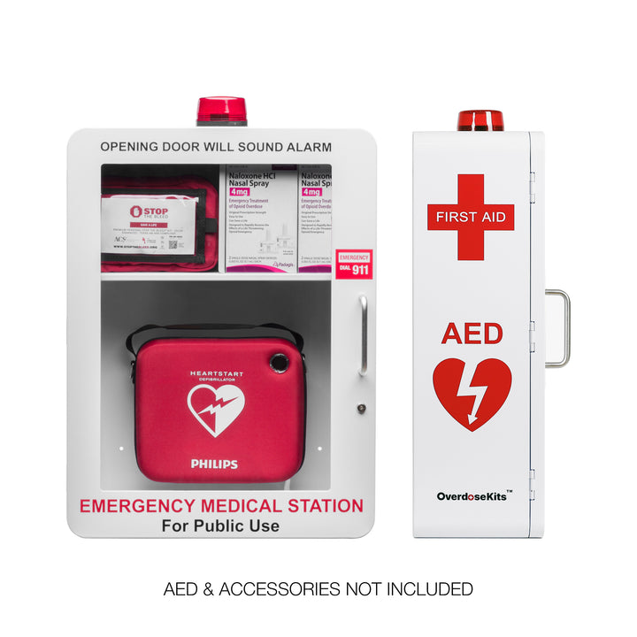 Emergency Medical Station | AED & Naloxone Wall Mount Cabinet Designed to Store AED's, Naloxone Overdose Kits, Bleeding Control Kits & First Aid Kits for Public Spaces