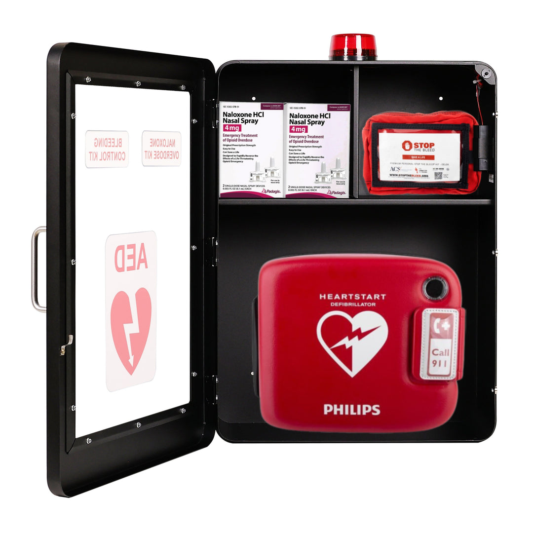 Emergency Medical Station | AED & Naloxone Wall Mount Cabinet Designed to Store AED's, Naloxone Overdose Kits, Bleeding Control Kits & First Aid Kits for Public Spaces