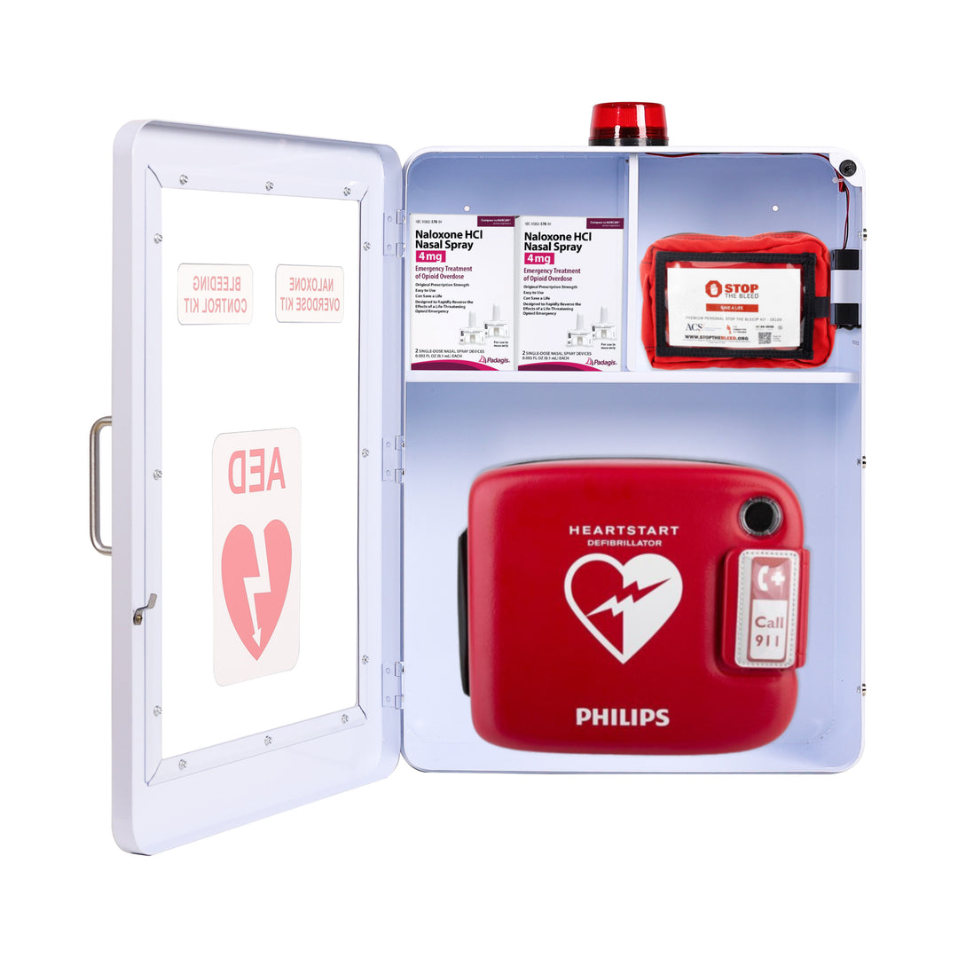 Emergency Medical Station | AED & Naloxone Wall Mount Cabinet Designed to Store AED's, Naloxone Overdose Kits, Bleeding Control Kits & First Aid Kits for Public Spaces