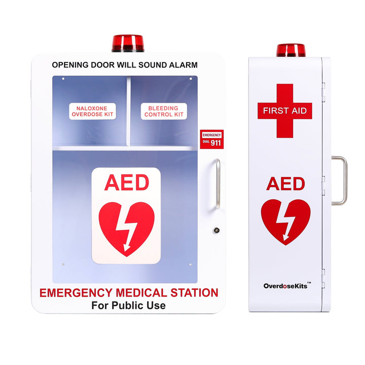 Emergency Medical Station | AED & Naloxone Wall Mount Cabinet Designed to Store AED's, Naloxone Overdose Kits, Bleeding Control Kits & First Aid Kits for Public Spaces