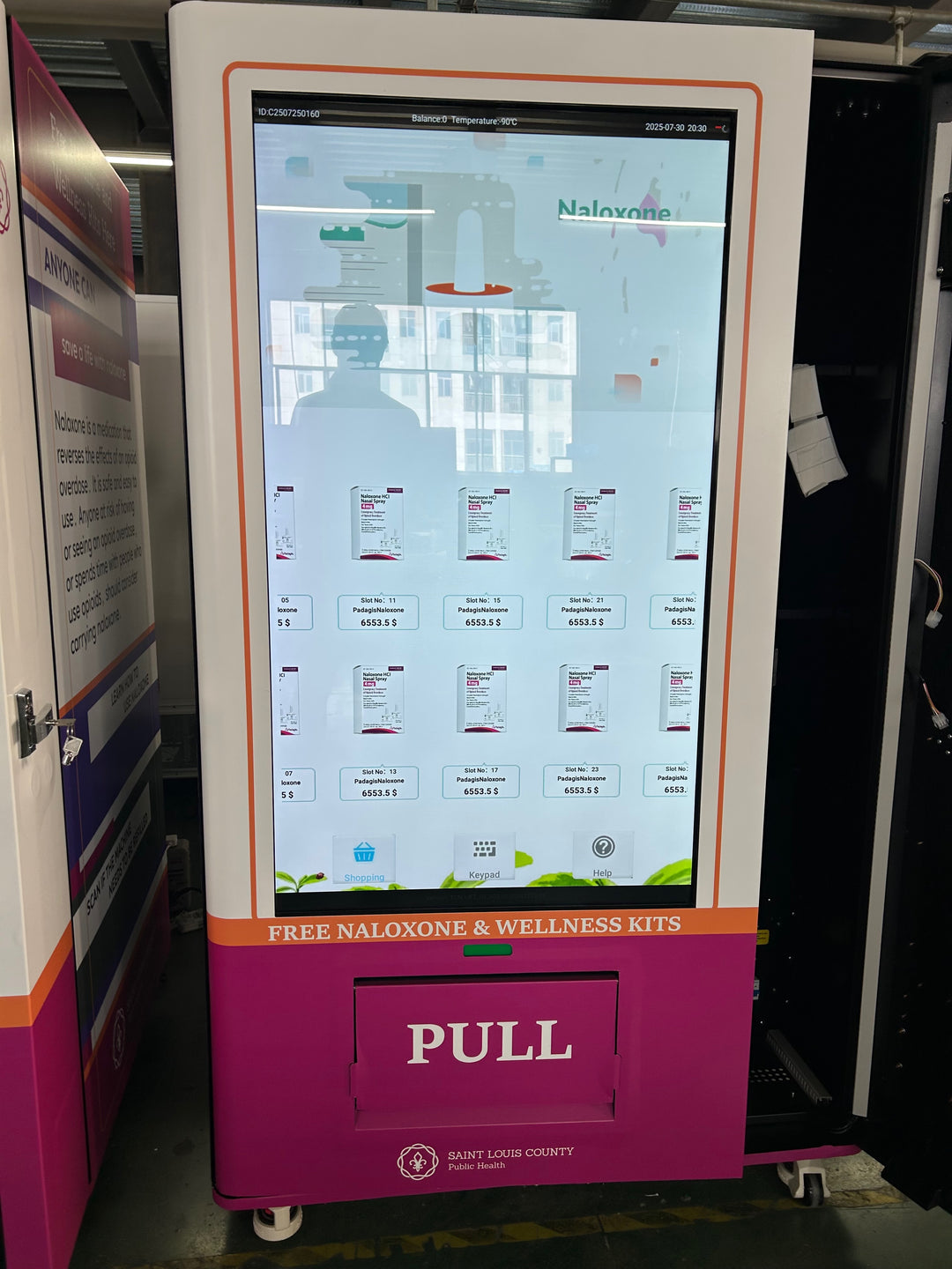 Naloxone Harm Reduction Vending Machine with 55" Video Screen