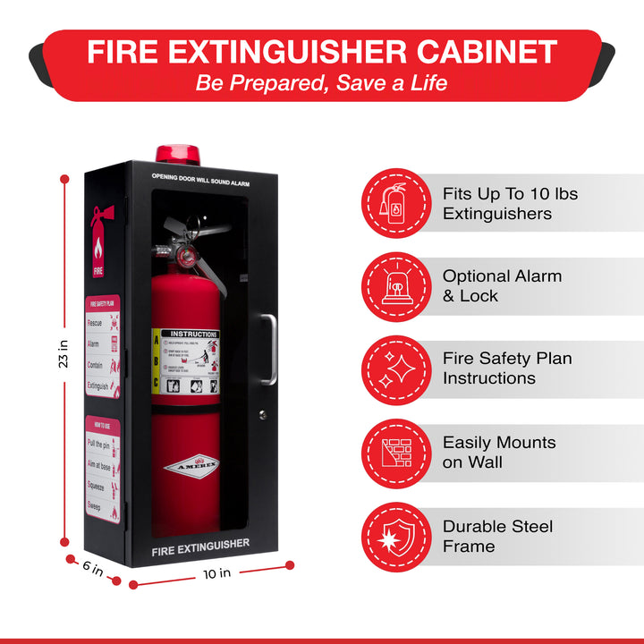 Fire Extinguisher Cabinet | Wall & Surface Mount | Holds up to 10 lb Extinguishers | Optional Alarm & Lock | Fire Safety Instructions Included