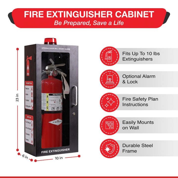 Fire Extinguisher Cabinet | Wall & Surface Mount | Holds 2.5 pound, 5 lb or 10 lb Extinguishers | Optional Alarm & Lock | Fire Safety Instructions Included