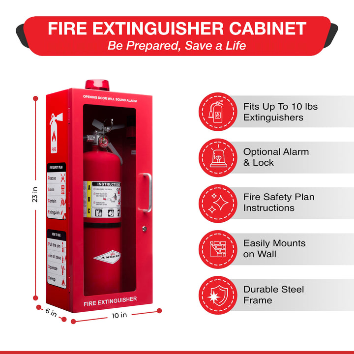 Fire Extinguisher Cabinet | Wall & Surface Mount | Holds up to 10 lb Extinguishers | Optional Alarm & Lock | Fire Safety Instructions Included