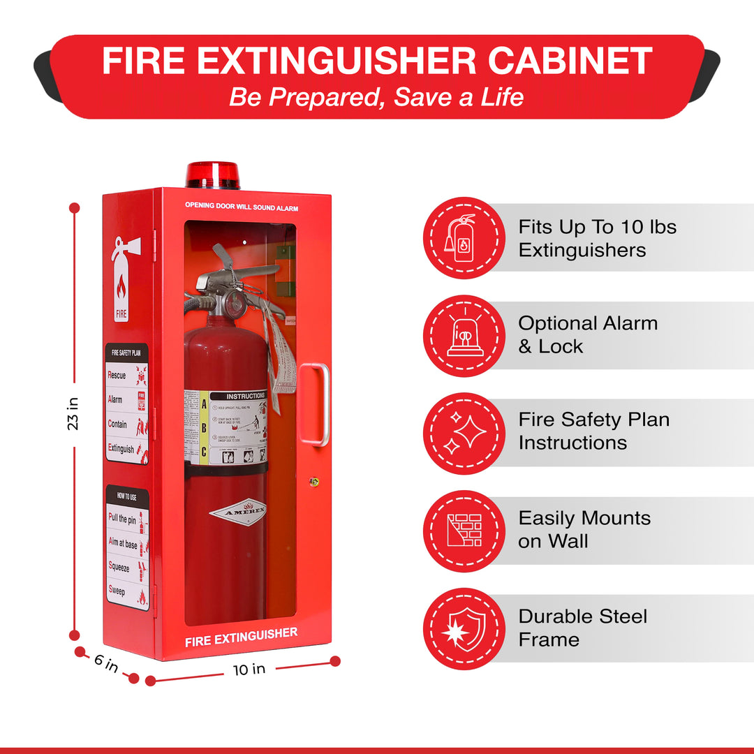 Fire Extinguisher Cabinet | Wall & Surface Mount | Holds 2.5 pound, 5 lb or 10 lb Extinguishers | Optional Alarm & Lock | Fire Safety Instructions Included