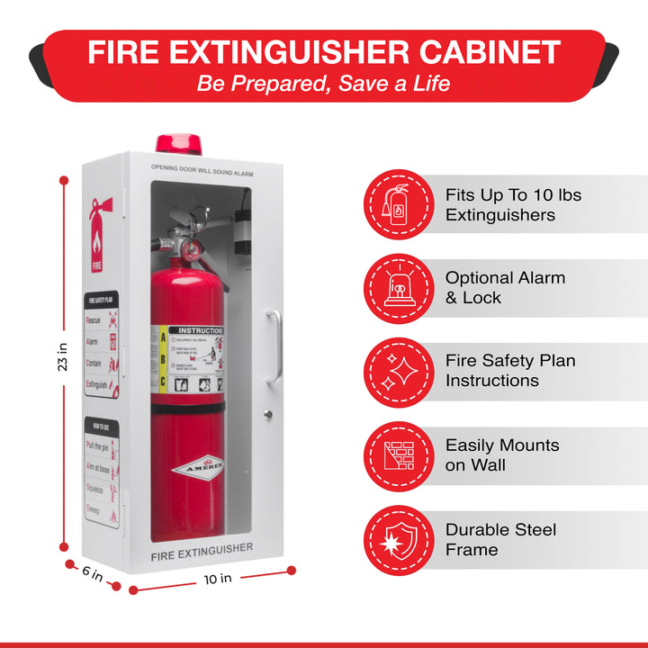 Fire Extinguisher Cabinet | Wall & Surface Mount | Holds up to 10 lb Extinguishers | Optional Alarm & Lock | Fire Safety Instructions Included