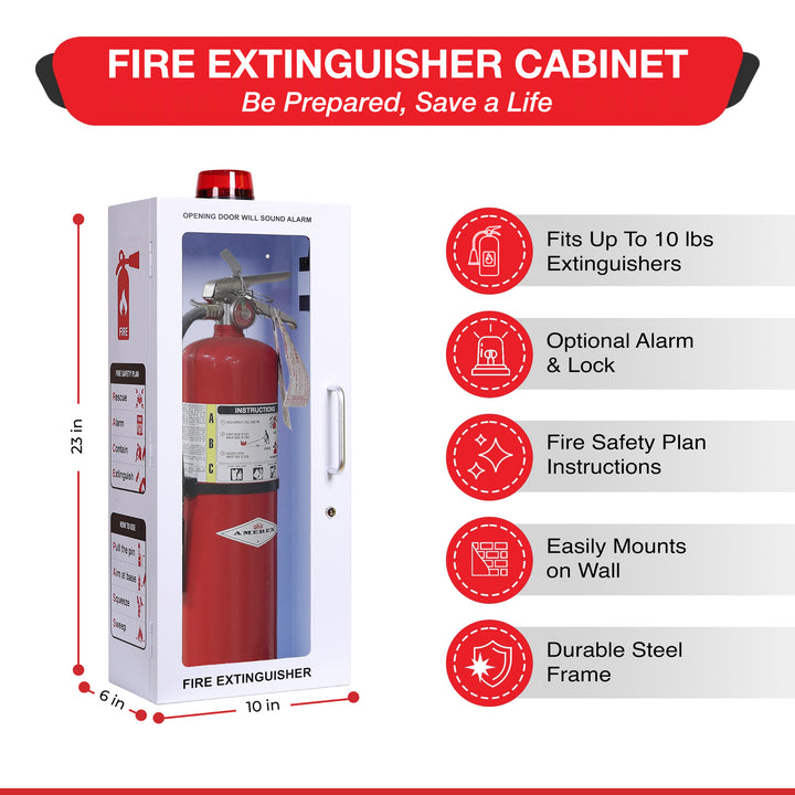 Fire Extinguisher Cabinet | Wall & Surface Mount | Holds 2.5 pound, 5 lb or 10 lb Extinguishers | Optional Alarm & Lock | Fire Safety Instructions Included