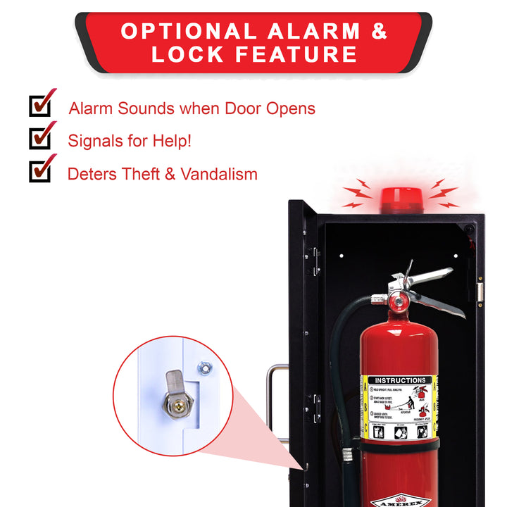 Fire Extinguisher Cabinet | Wall & Surface Mount | Holds 2.5 pound, 5 lb or 10 lb Extinguishers | Optional Alarm & Lock | Fire Safety Instructions Included