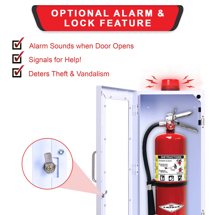 Fire Extinguisher Cabinet | Wall & Surface Mount | Holds 2.5 pound, 5 lb or 10 lb Extinguishers | Optional Alarm & Lock | Fire Safety Instructions Included