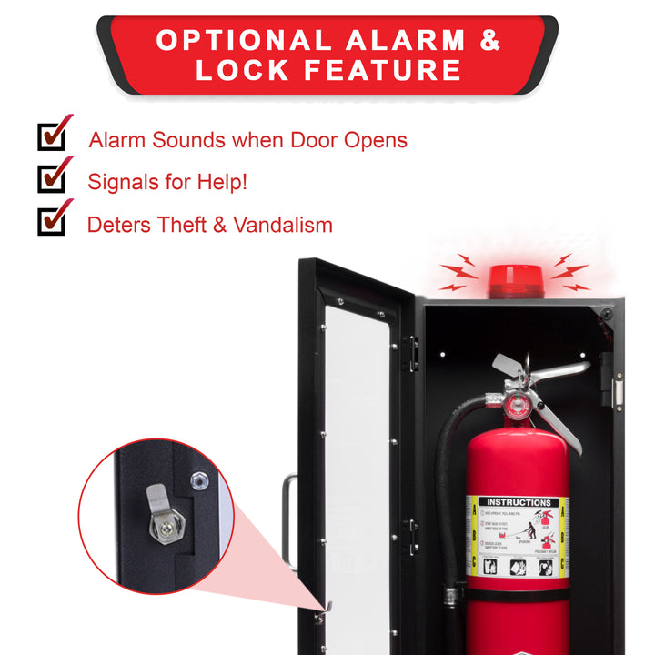 Fire Extinguisher Cabinet | Wall & Surface Mount | Holds up to 10 lb Extinguishers | Optional Alarm & Lock | Fire Safety Instructions Included