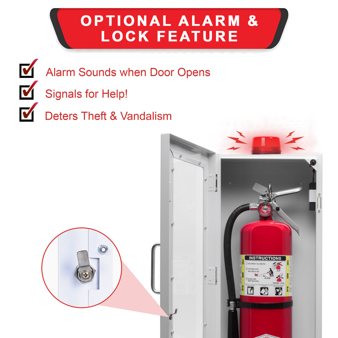 Fire Extinguisher Cabinet | Wall & Surface Mount | Holds up to 10 lb Extinguishers | Optional Alarm & Lock | Fire Safety Instructions Included