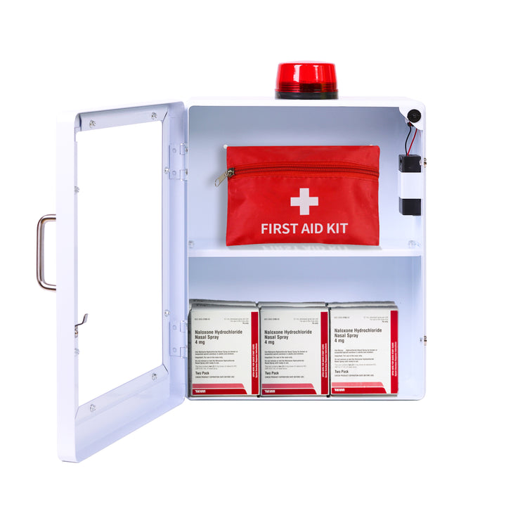 Large Naloxone Emergency Kit Cabinet - First Aid & Naloxone Compartments - White / Alarm & Lock -  6
