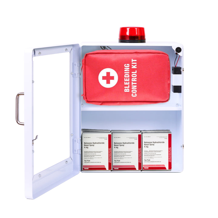 Large Naloxone Emergency Kit Cabinet - First Aid & Naloxone Compartments - White / Alarm & Lock -  5
