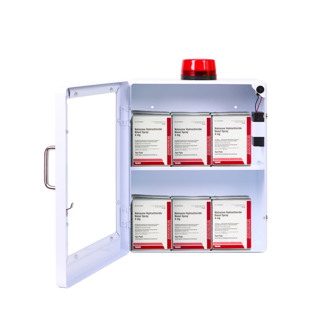Large Naloxone Emergency Kit Cabinet - First Aid & Naloxone Compartments - White / Alarm & Lock -  2