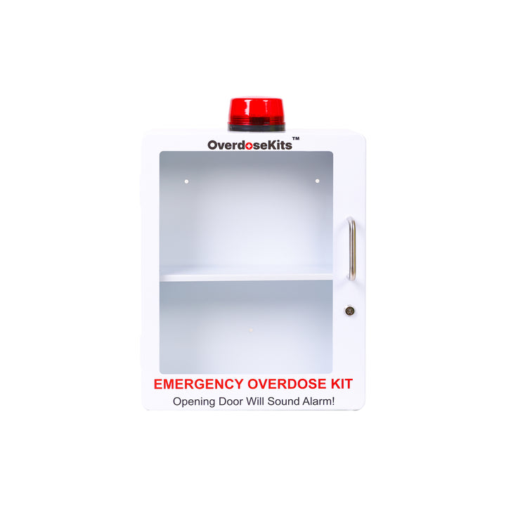 Large Naloxone Emergency Kit Cabinet - First Aid & Naloxone Compartments - White / Alarm & Lock -  7