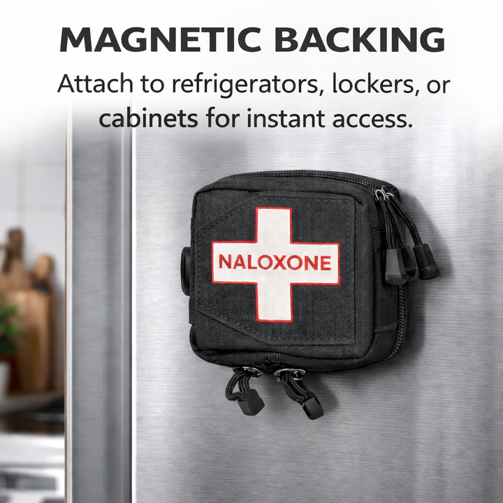 Tactical black nylon magnetic pouch labeled with red cross and "NALOXONE" text, firmly attached to a stainless steel refrigerator door using its strong magnetic backing, with text reading: "Magnetic Backing - Attach to refrigerators, lockers, or cabinets for instant access.