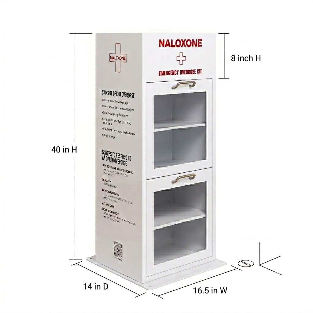 Naloxone emergency overdose kit with dimensions on a white background