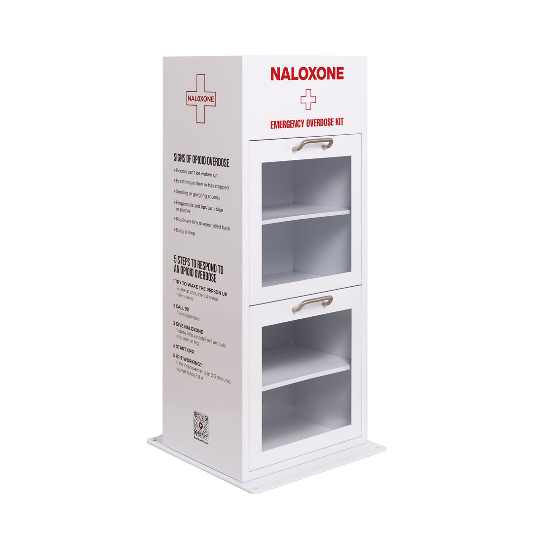 Naloxone emergency overdose kit with white cabinet on a white background