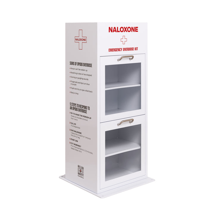 Naloxone emergency overdose kit with white cabinet on a white background