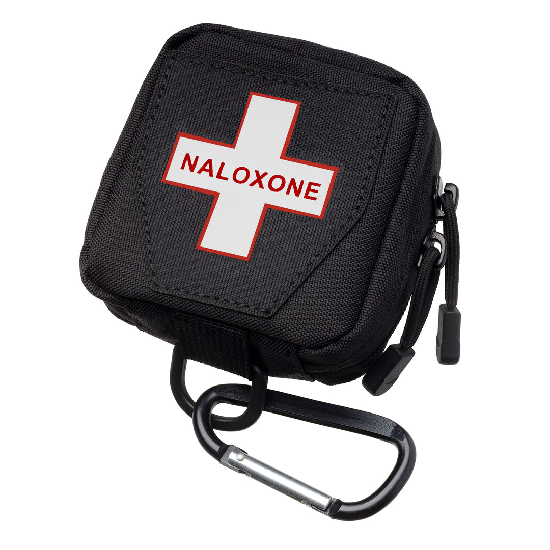 A black canvas pouch with 'NALOXONE' text and a white medical cross on the front, equipped with dual waterproof zippers and a carabiner attachment.