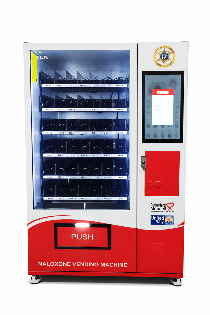 Naloxone vending machine with United Way logo on a white background