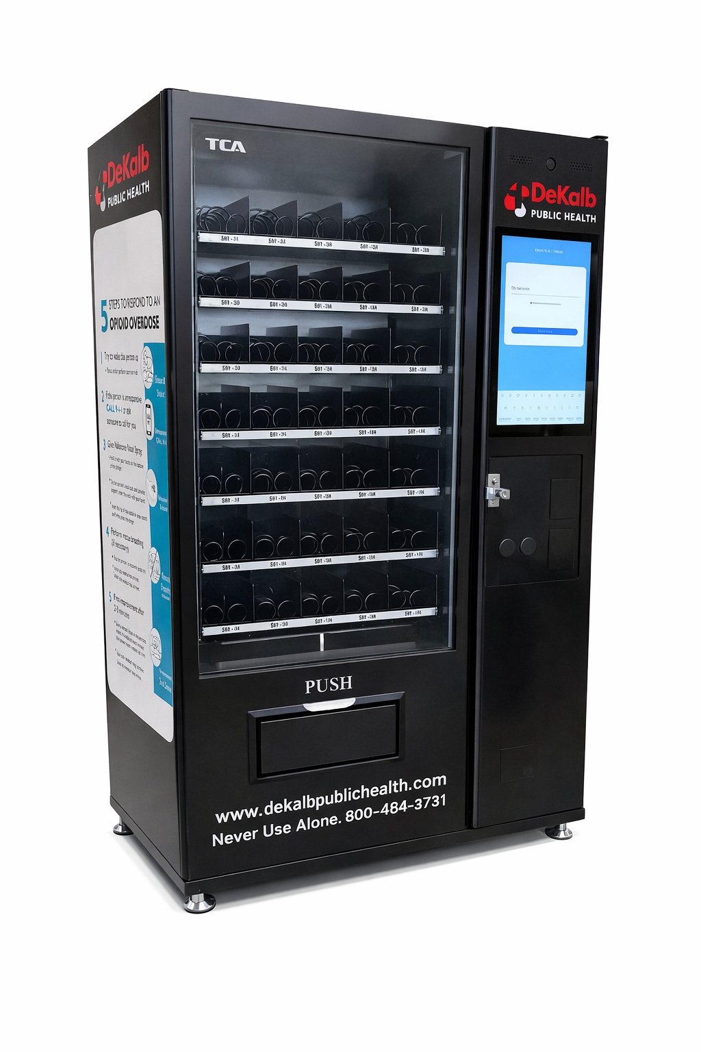 Vending machine with digital display and branding on a white background