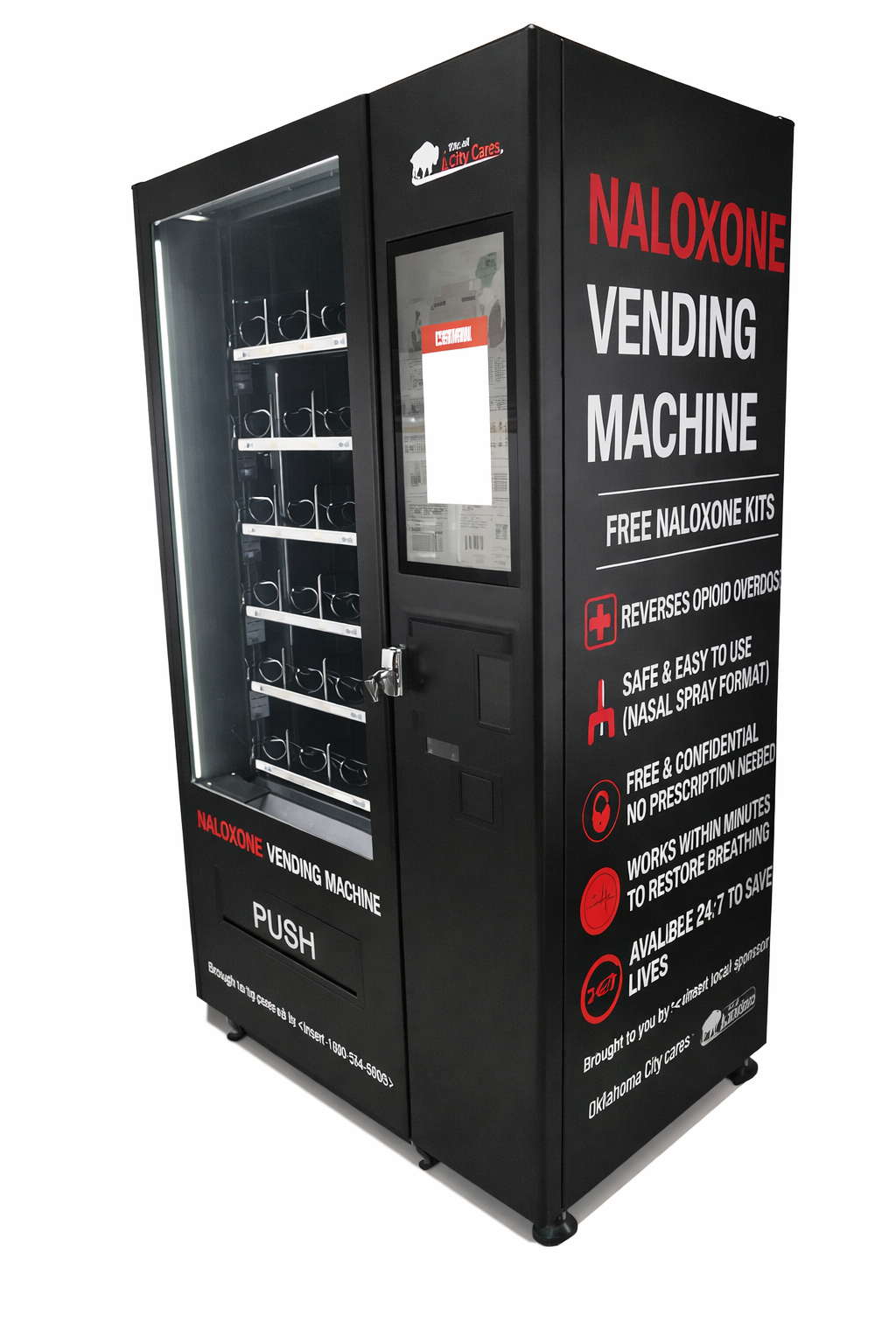 Naloxone vending machine with promotional text on a white background