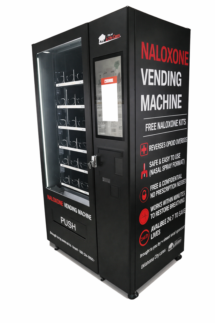 Naloxone vending machine with promotional text on a white background