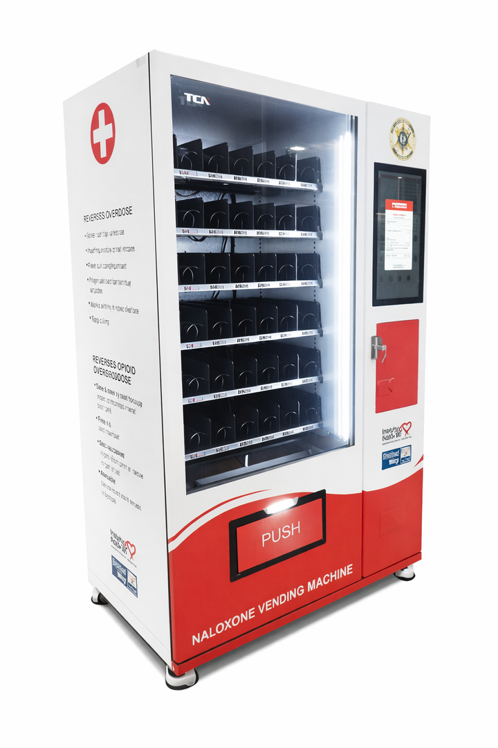 Naloxone vending machine with visible branding on a white background