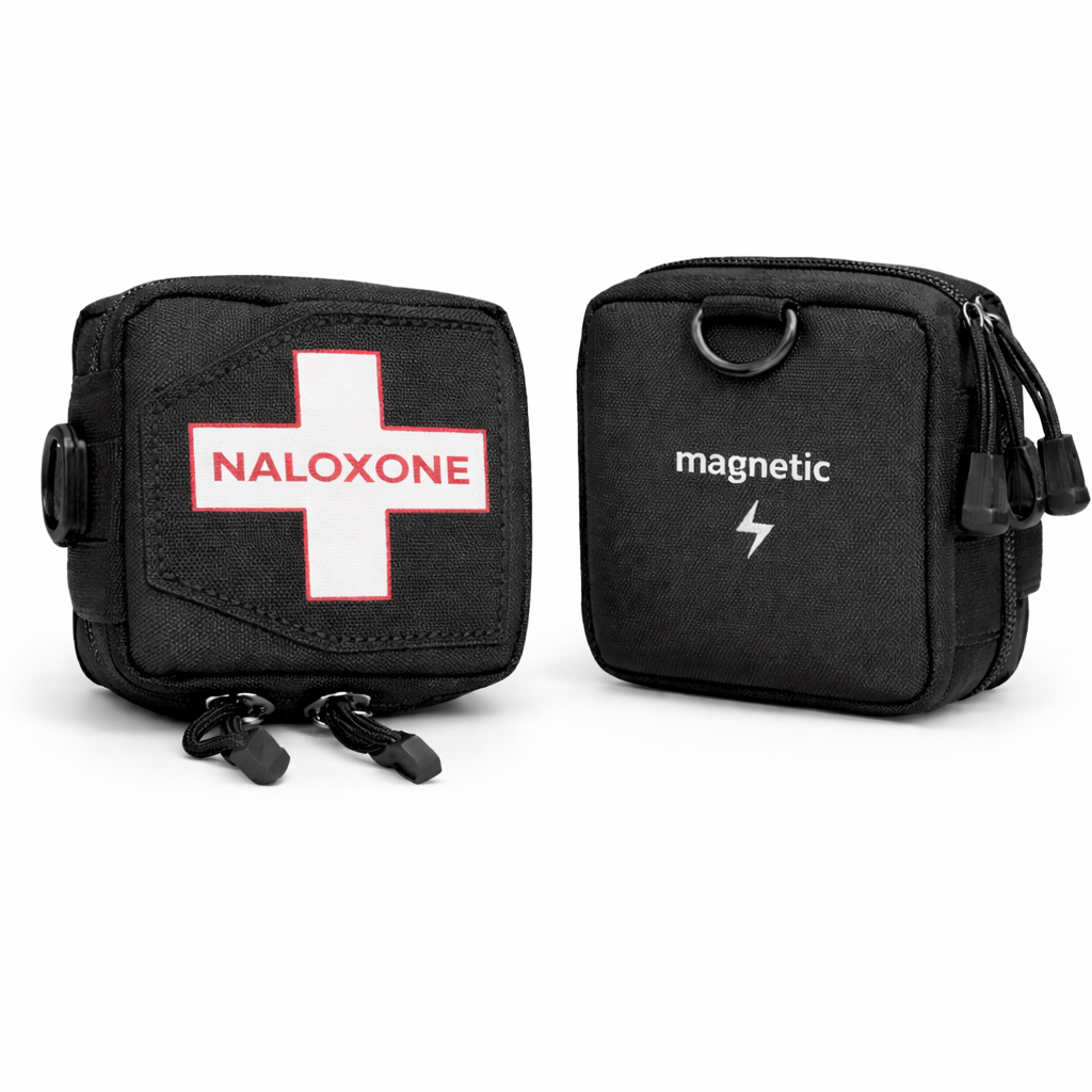 Tactical black nylon magnetic pouch specifically designed for Naloxone carrying. Features clearly labeled front with red cross and "NALOXONE" text, alongside the back showing the "MAGNETIC" feature icon and integrated carabiner loop for versatile mounting.