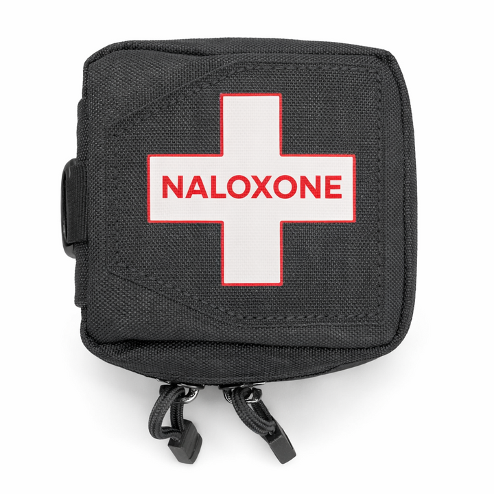 Tactical black nylon magnetic pouch specifically designed for Naloxone carrying. Durable, rapid-access case for emergency opioid overdose response. Universal fit for belts and bags.