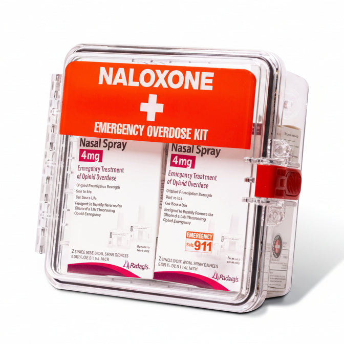Naloxone emergency overdose kit with clear packaging on a white background