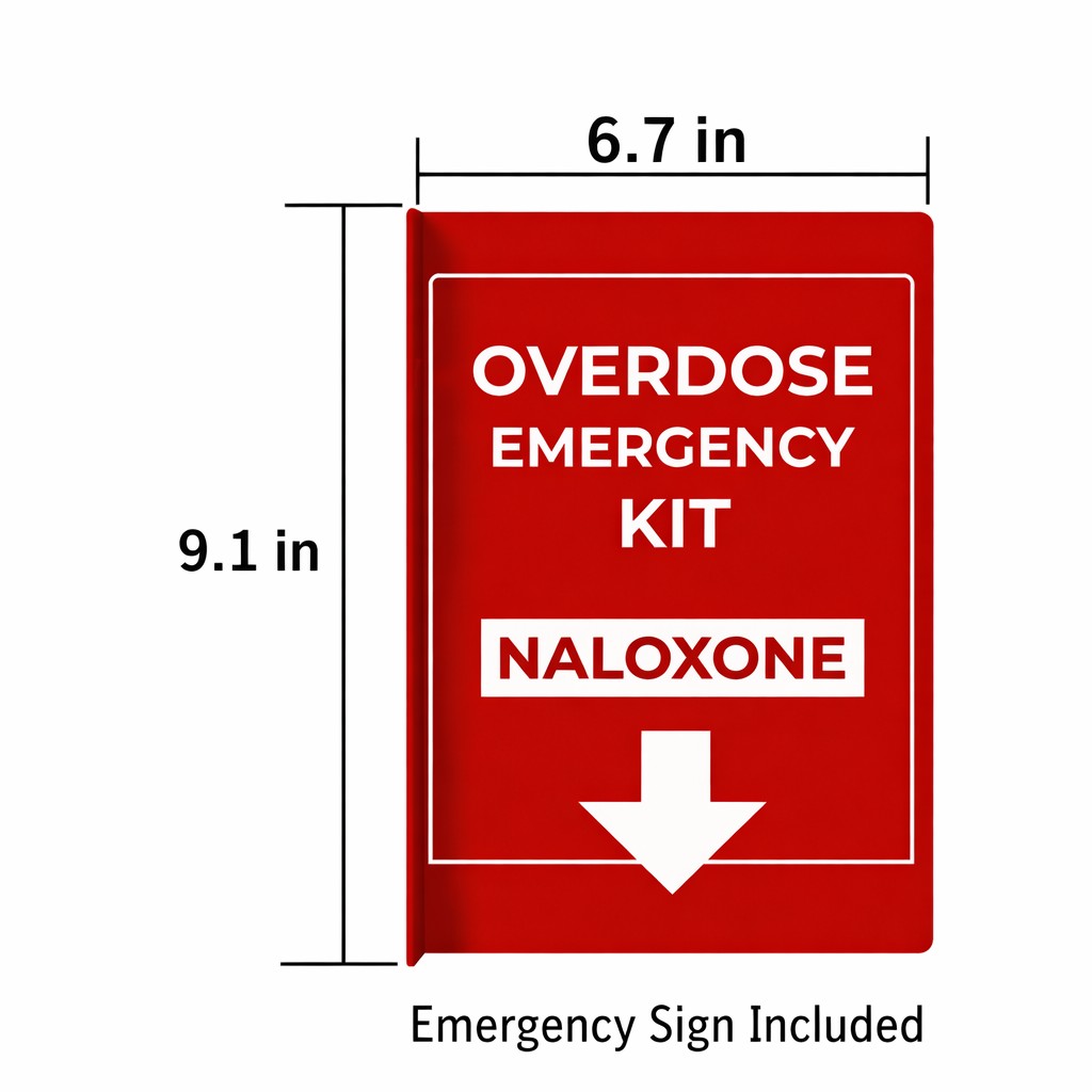 Overdose Kits red wall mount cabinet box for Naloxone emergency kit, 9.1 x 6.7 inches, with clear labeling and arrow.