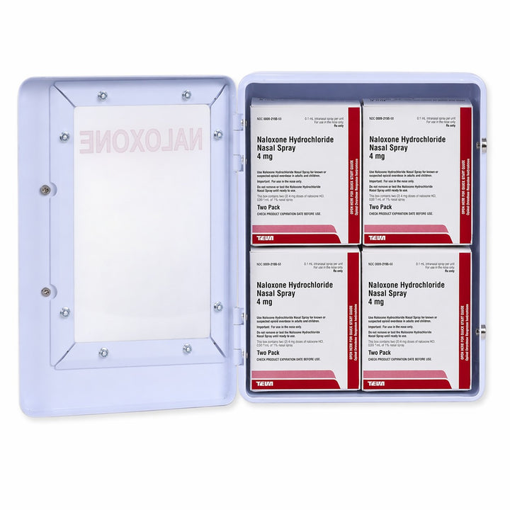 Overdose Kits white wall mount cabinet box with four Naloxone nasal spray boxes inside. Includes emergency sign.