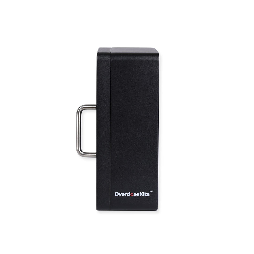 Overdose Kits black wall mount cabinet for Naloxone emergency overdose kit, with metal handle. No lock or alarm.