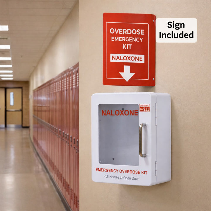 Overdose Kits white wall mount cabinet and red sign for Naloxone emergency kit. Cabinet has clear door and handle. Sign reads 'OVERDOSE EMERGENCY KIT NALOXONE'.