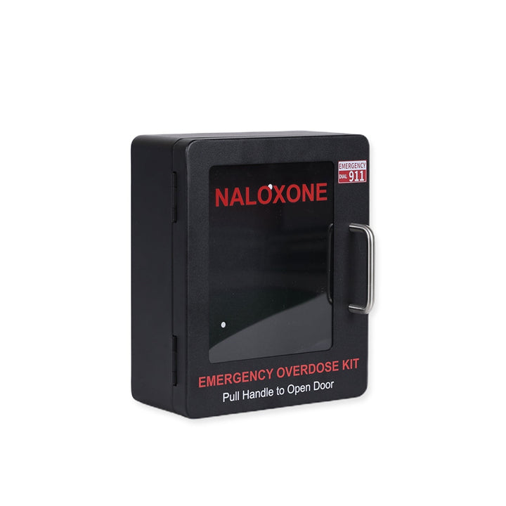 Overdose Kits black wall mount cabinet for Naloxone emergency kits. Features clear labeling and a metal handle.