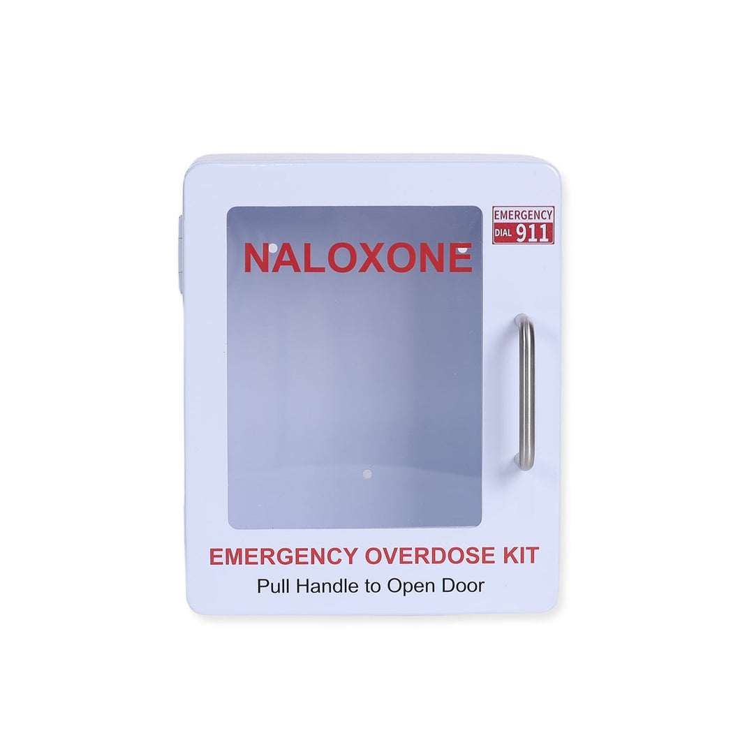 Overdose Kits white wall mount cabinet for Naloxone emergency kits. Features red "NALOXONE" and "EMERGENCY OVERDOSE KIT" text, and a "DIAL 911" sign.