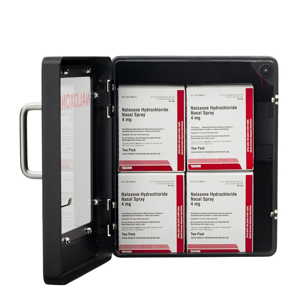 Overdose Kits wall mount cabinet box with clear front panel, holding four boxes of Naloxone nasal spray. Designed for public access.