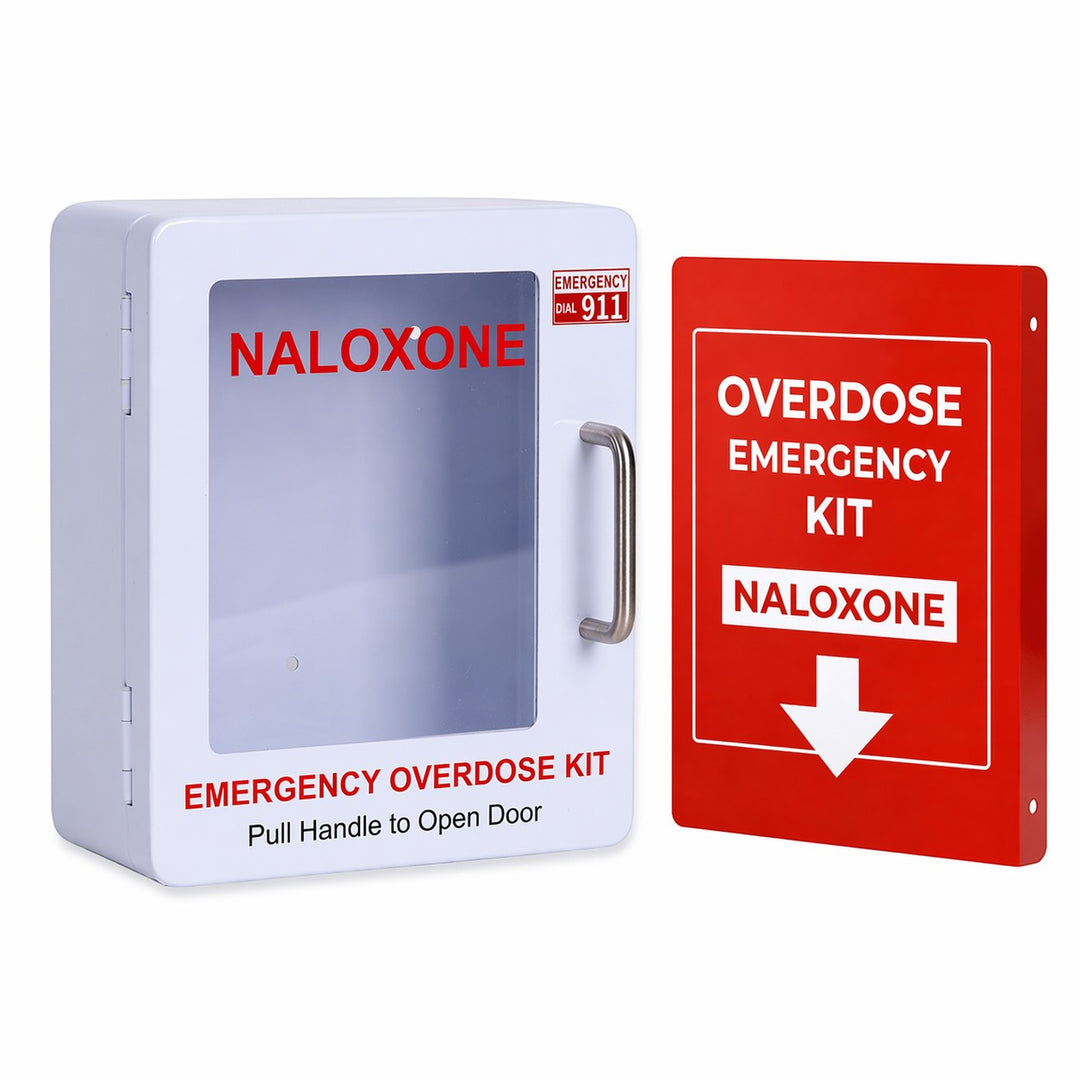 Overdose Kits white wall mount cabinet for Naloxone emergency kit with clear door and red lettering, includes red emergency sign.