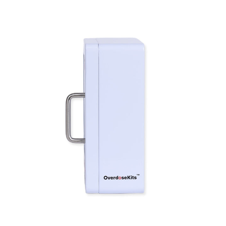 Overdose Kits white wall mount cabinet box with metal handle for Naloxone emergency kits. Designed for public access.
