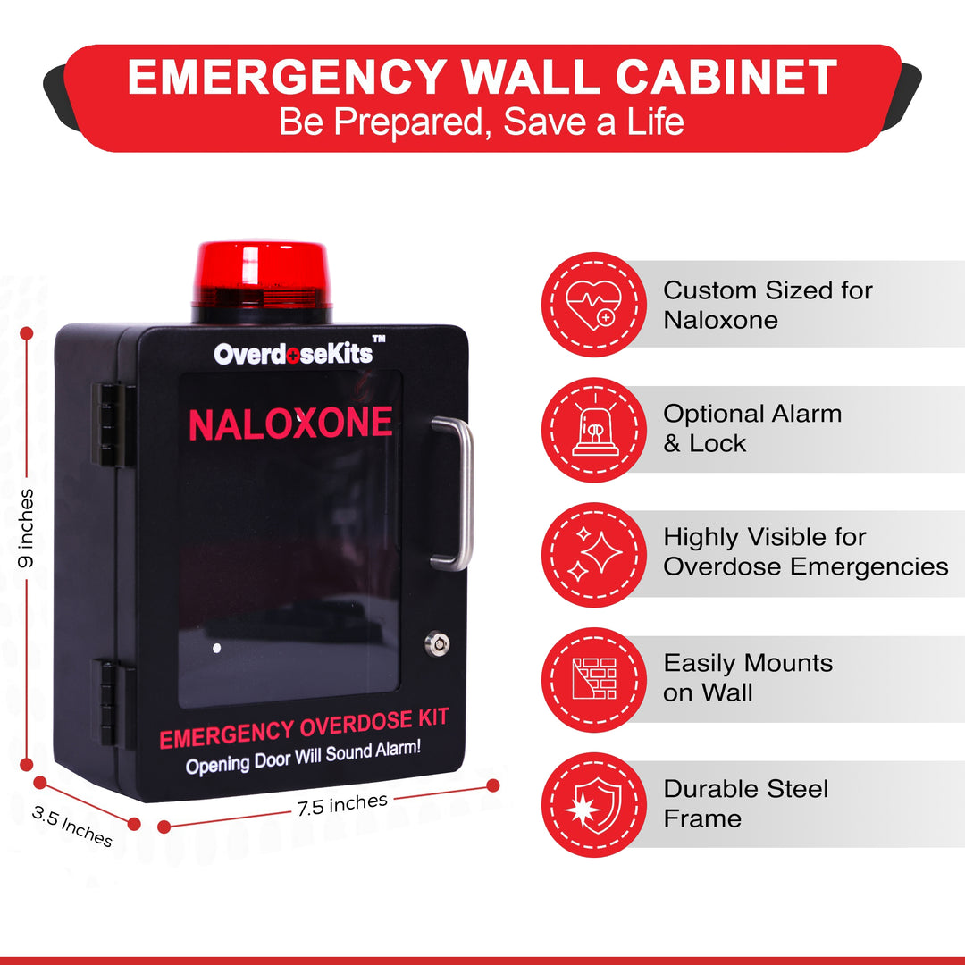 Naloxone Overdose Emergency Kit Cabinet - Designed for Wall Mount & Public Access (Optional Alarm & Lock)