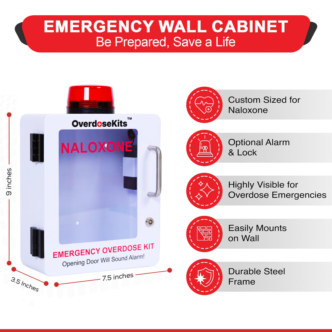 Naloxone Overdose Emergency Kit Cabinet - Designed for Wall Mount & Public Access (Optional Alarm & Lock)