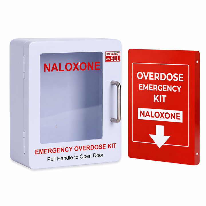 Naloxone Overdose Emergency Kit Wall Mount Cabinet Box with Sign - No Alarm or Lock