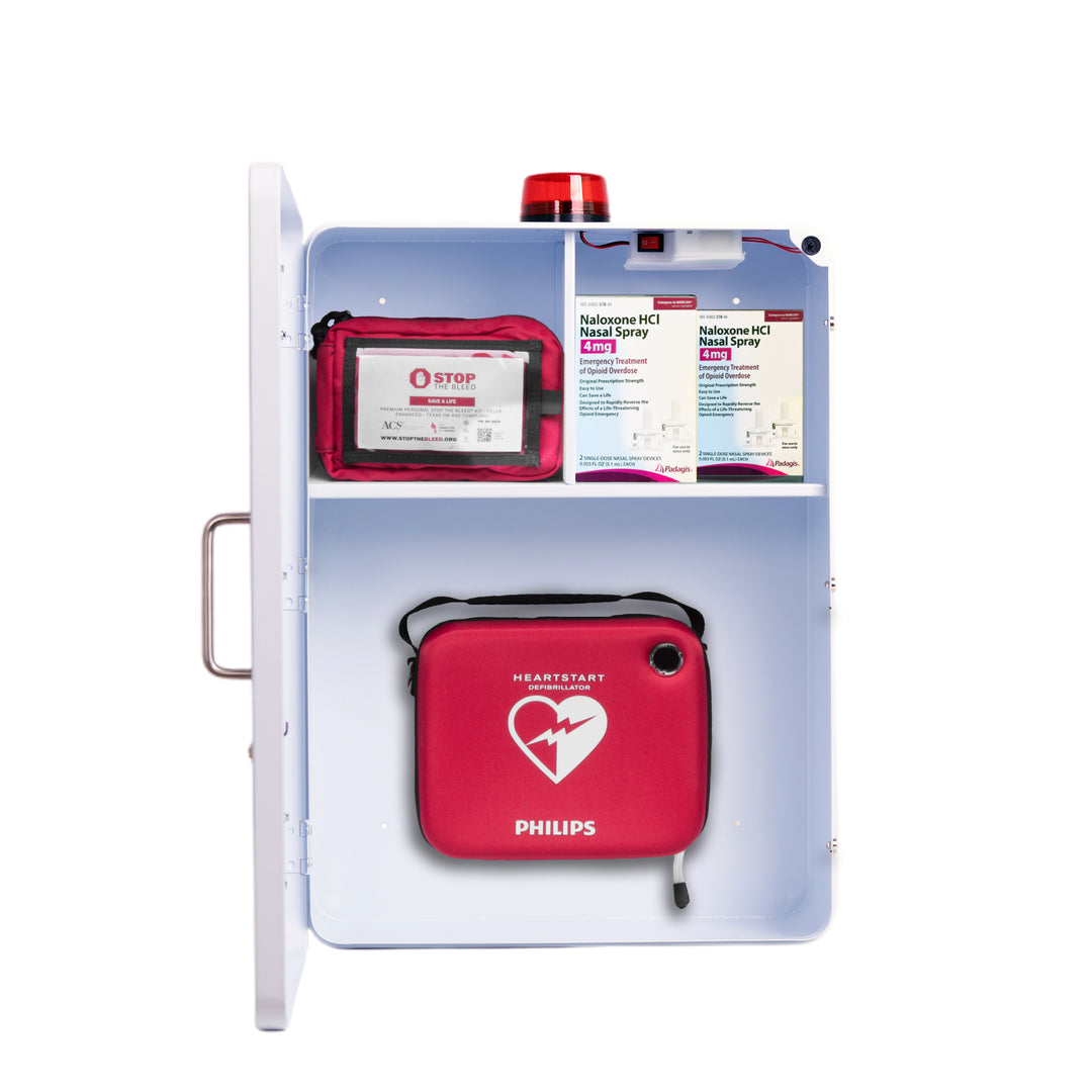 Emergency Medical Station Wall Mount Cabinet Box | Storage for AED, Naloxone, Bleeding Control & First Aid Kits