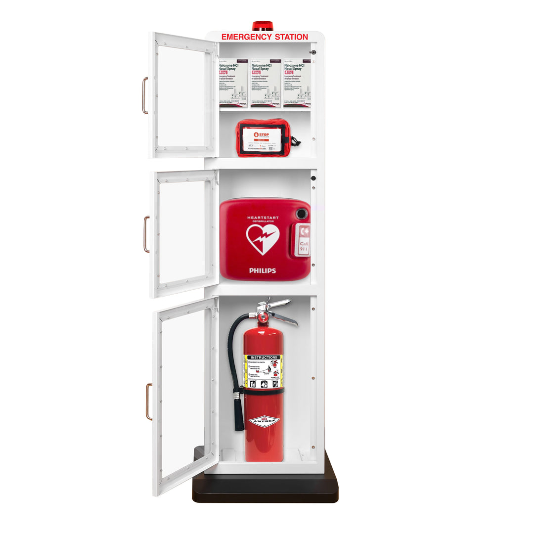 Emergency Station | Store AEDs, Fire Extinguishers, Naloxone Overdose Kits, Bleeding Control Kits & First Aid Kits in a Large Floor Stand Cabinet for Public Spaces