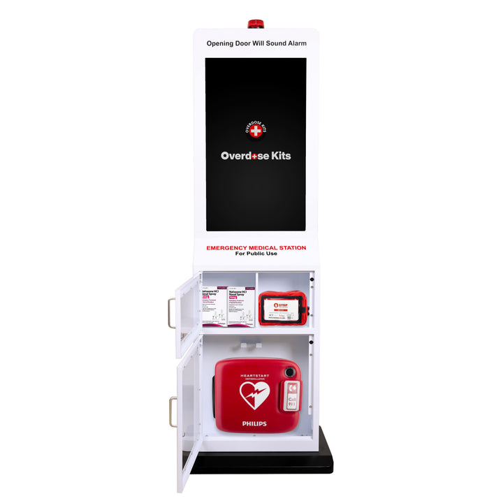 Emergency Medical Station with Large Display Screen - Designed to Store AED's, Naloxone Overdose Kits, Bleeding Control Kits & First Aid Kits for Public Spaces