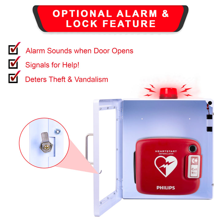 AED Defibrillator Wall Mount Cabinet | Optional Alarm & Lock | Durable Steel Frame | Fits All Brands of AED's for Public Spaces or Home