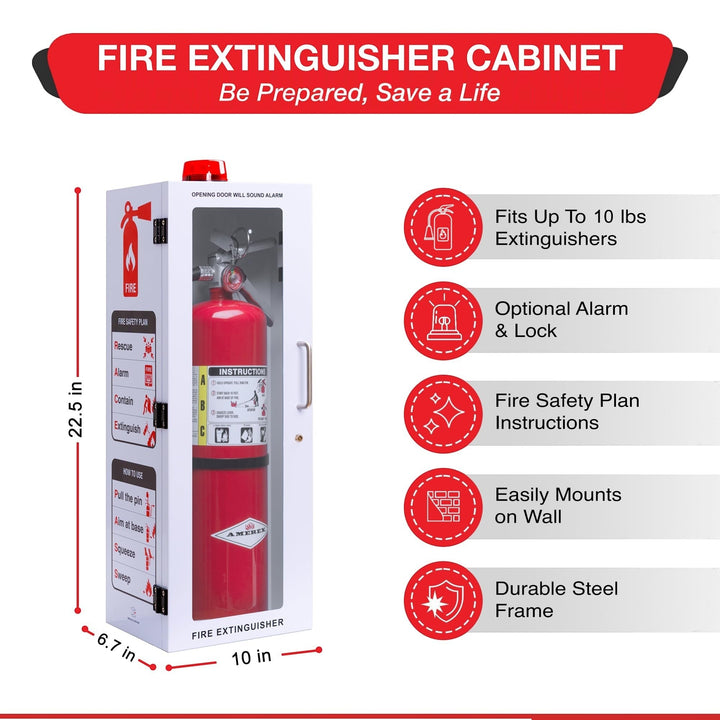 Overdose Kits white steel fire extinguisher cabinet with red alarm light, fits up to 10 lb extinguishers. Includes instructions.