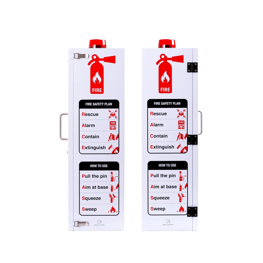 Overdose Kits white steel fire extinguisher wall mount cabinet with red accents, available in 10 lb and 20 lb sizes. Features safety instructions.